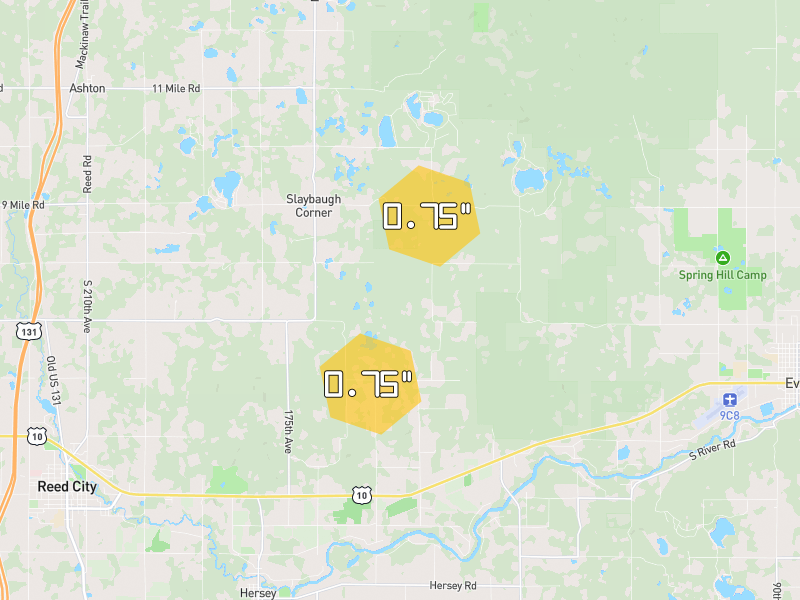 Hail map of Hersey, MI on Jul 1, 2026, hail up to 0.75"