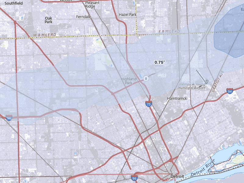 NEXRAD radar-signature map of the hail storm over Highland Park, MI on May 4, 2026