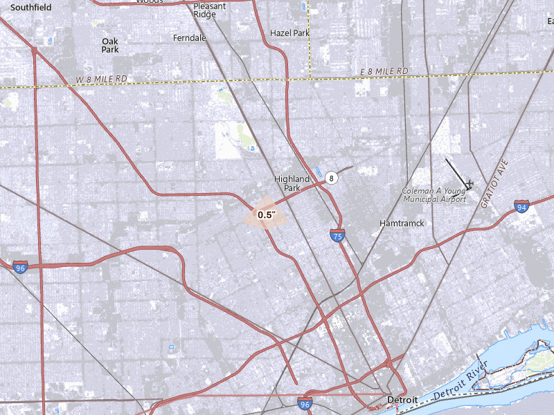 Radar-estimated hail-size map of the storm over Highland Park, MI on May 19, 2026