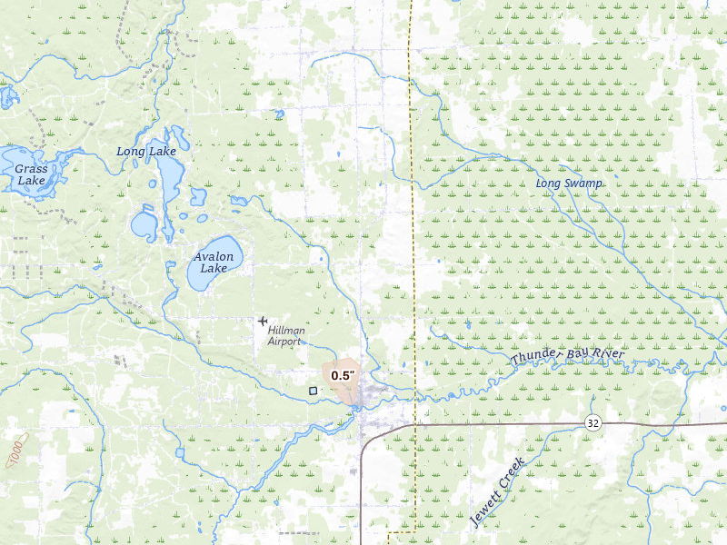 Radar-estimated hail-size map of the storm over Hillman, MI on May 18, 2026