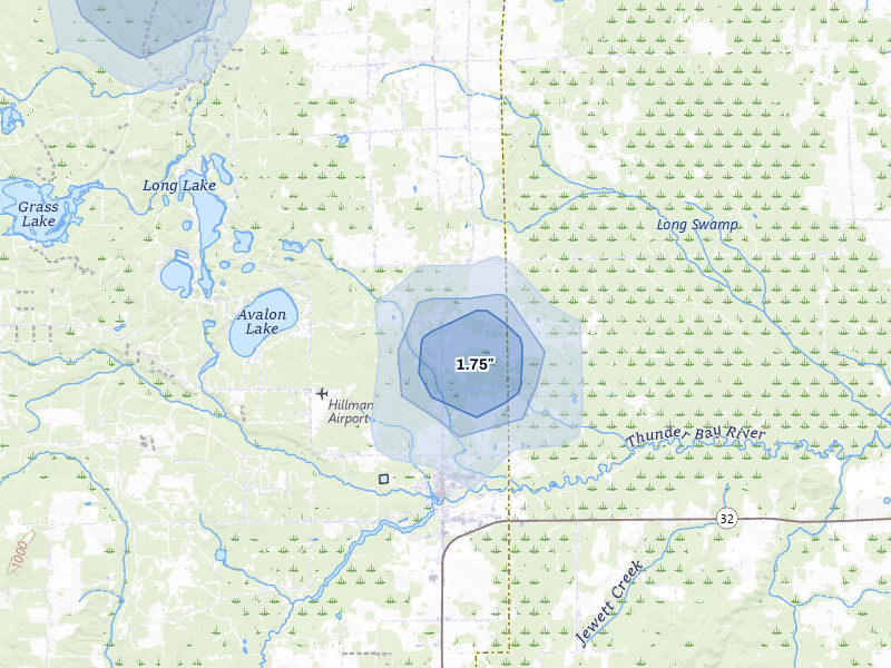 NEXRAD radar-signature map of the hail storm over Hillman, MI on May 18, 2026