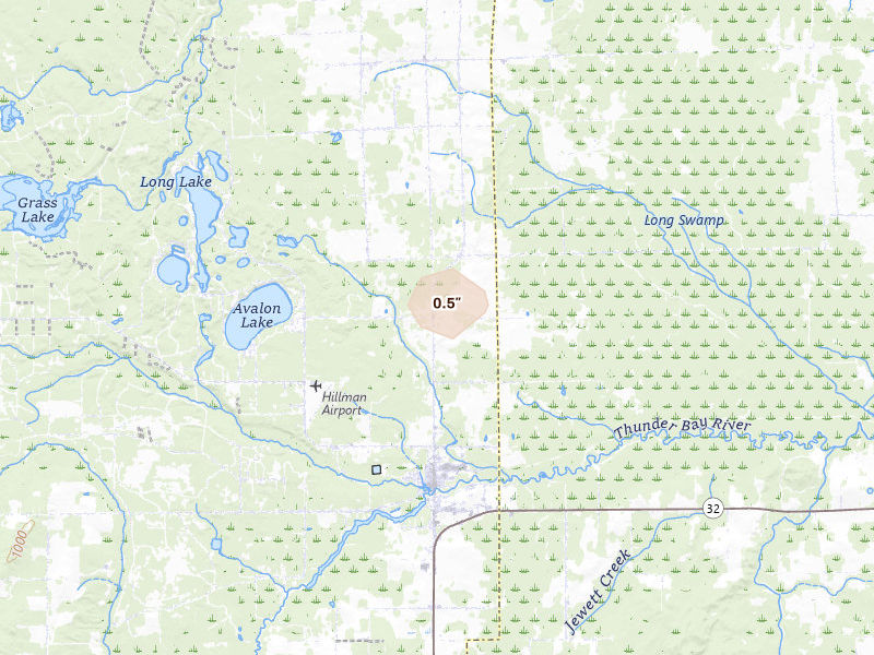Radar-estimated hail-size map of the storm over Hillman, MI on Jul 12, 2026