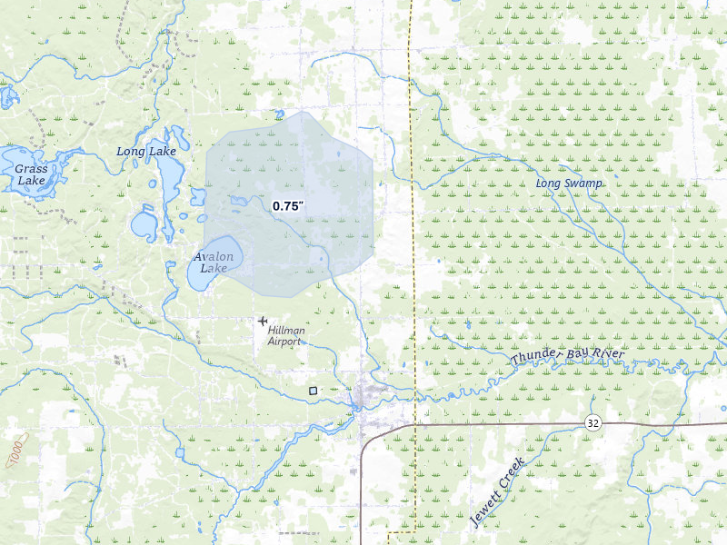 NEXRAD radar-signature map of the hail storm over Hillman, MI on Jul 12, 2026