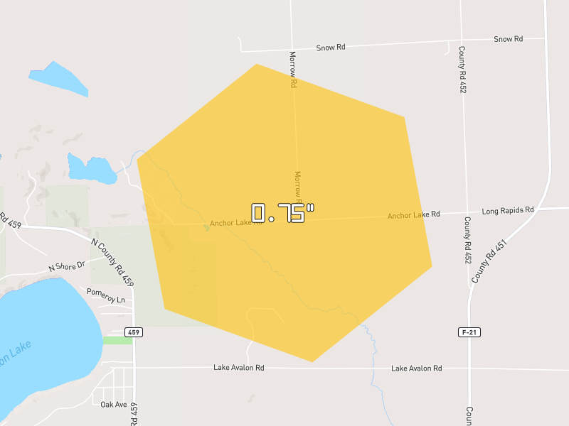 Hail map of Hillman, MI on Jul 13, 2026, hail up to 0.75"