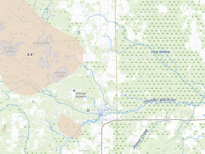 Radar-estimated hail-size map of the storm over Hillman, MI on Jul 27, 2026