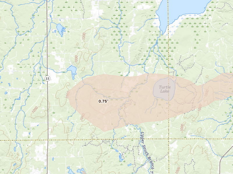 Radar-estimated hail-size map of the storm over Hillman, MI on Sep 1, 2026