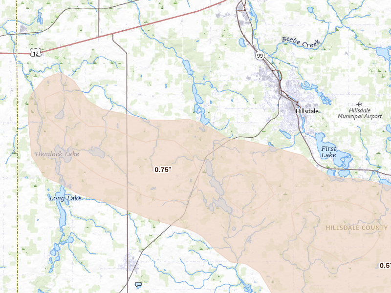 Radar-estimated hail-size map of the storm over Hillsdale, MI on Apr 22, 2026