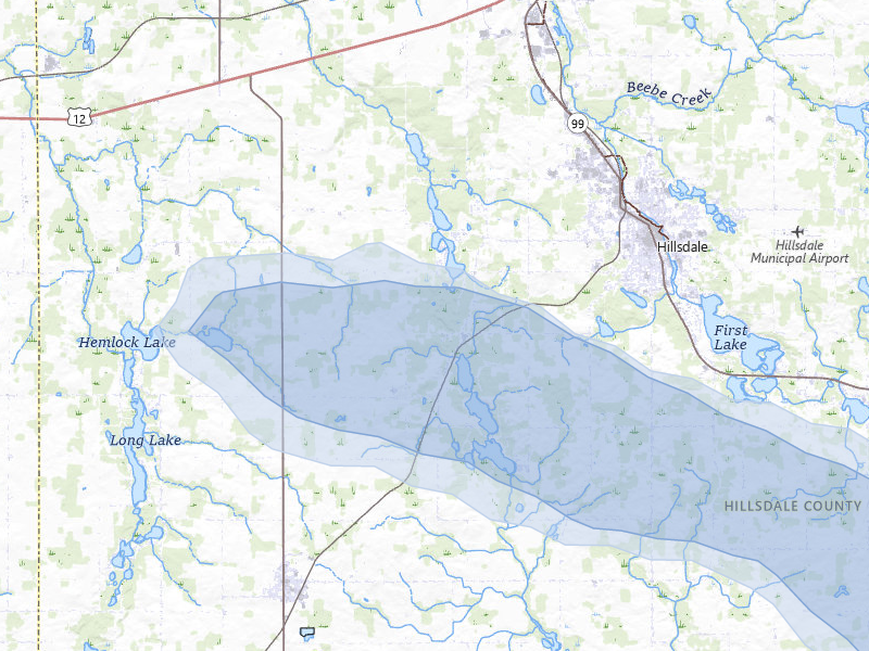 NEXRAD radar-signature map of the hail storm over Hillsdale, MI on Apr 22, 2026