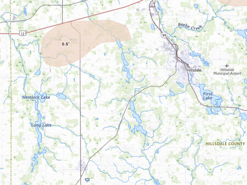 Radar-estimated hail-size map of the storm over Hillsdale, MI on Jul 3, 2026