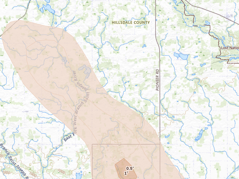 Radar-estimated hail-size map of the storm over Hillsdale, MI on Sep 4, 2026