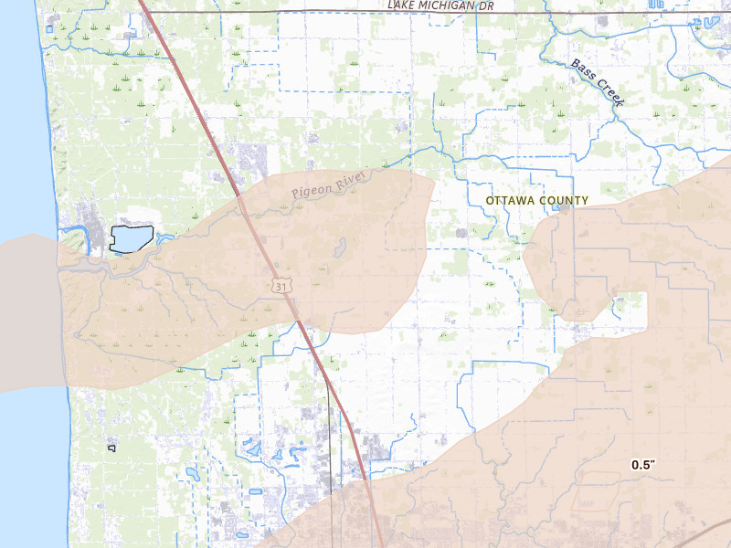 Radar-estimated hail-size map of the storm over Holland, MI on Mar 10, 2026