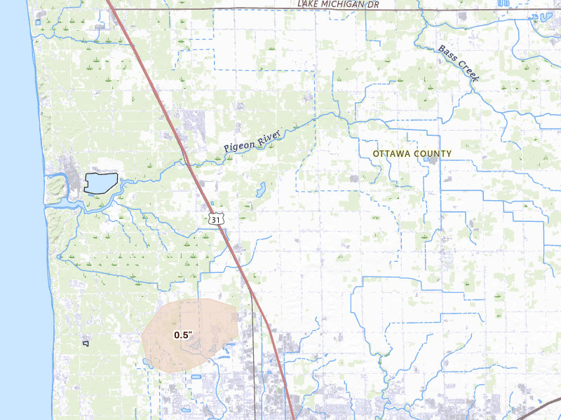 Radar-estimated hail-size map of the storm over Holland, MI on Aug 21, 2026