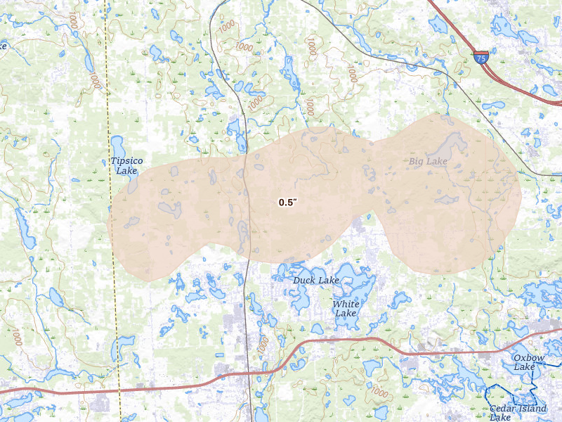 Radar-estimated hail-size map of the storm over Holly, MI on May 15, 2026