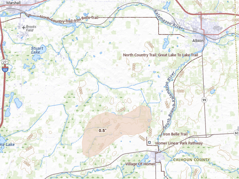 Radar-estimated hail-size map of the storm over Homer, MI on Jul 2, 2026