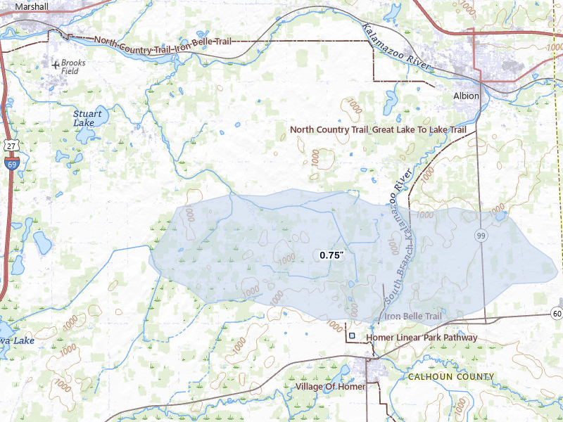 NEXRAD radar-signature map of the hail over Homer, MI
