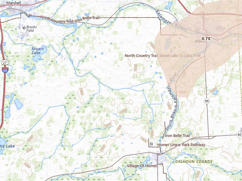 Radar-estimated hail-size map of the storm over Homer, MI on Jul 3, 2026