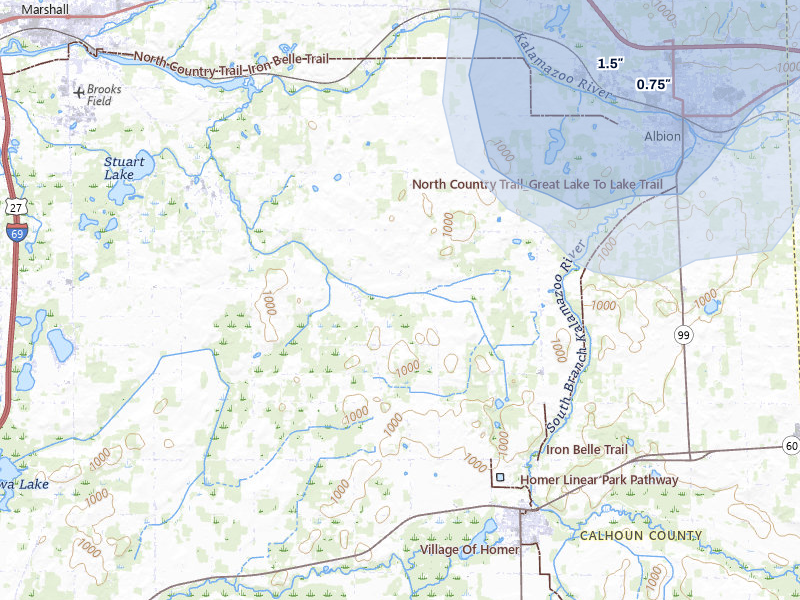 NEXRAD radar-signature map of the hail storm over Homer, MI on Jul 3, 2026