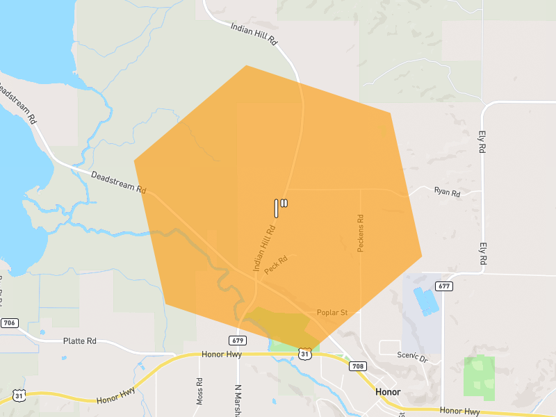 Hail map of Honor, MI on Jul 2, 2026, hail up to 1"