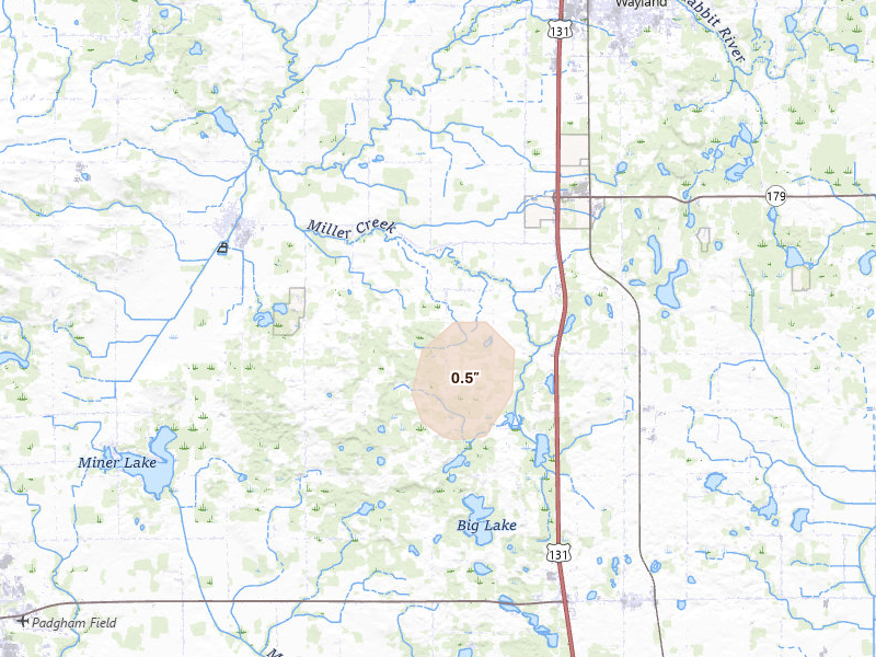Radar-estimated hail-size map of the storm over Hopkins, MI on Jul 2, 2026