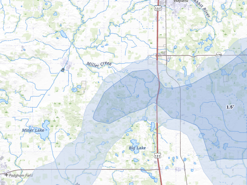 NEXRAD radar-signature map of the hail over Hopkins, MI
