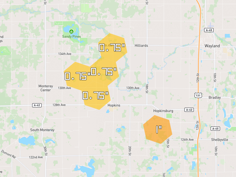 Hail map of Hopkins, MI on Jul 3, 2026, hail up to 1"