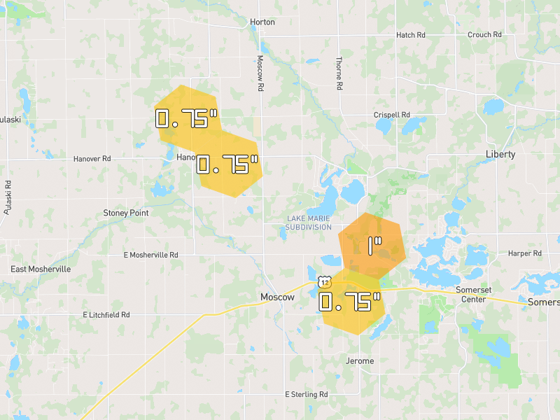 Hail map of Horton, MI on Jul 3, 2026, hail up to 1"
