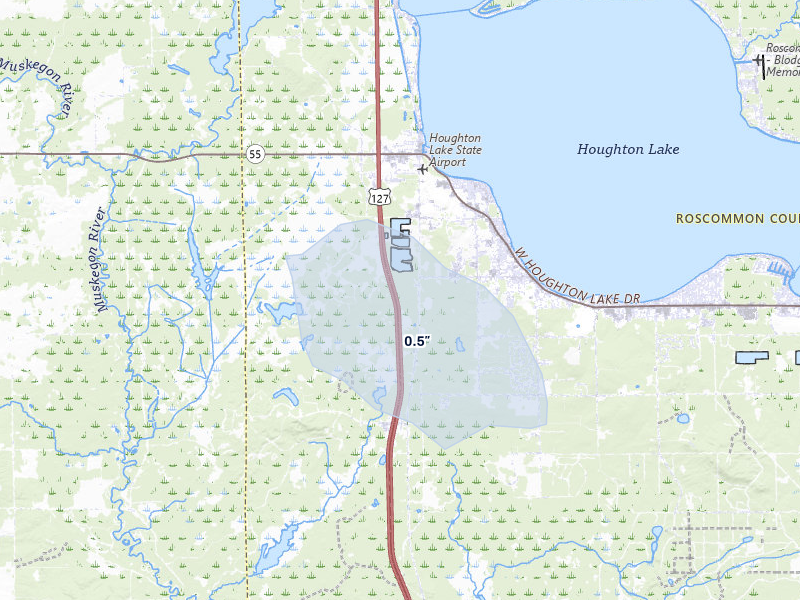 NEXRAD radar-signature map of the hail storm over Houghton Lake, MI on Jul 27, 2026