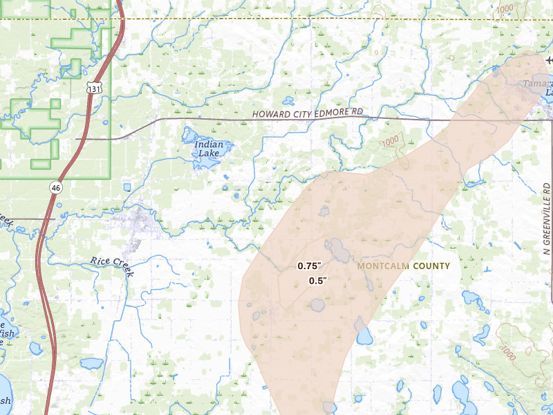 Radar-estimated hail-size map of the storm over Howard City, MI on Jun 16, 2026