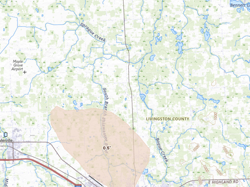 Radar-estimated hail-size map of the storm over Howell, MI on Jul 15, 2026