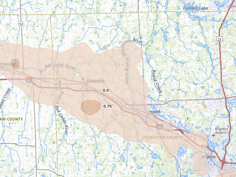 Radar-estimated hail-size map of the storm over Howell, MI on Sep 2, 2026