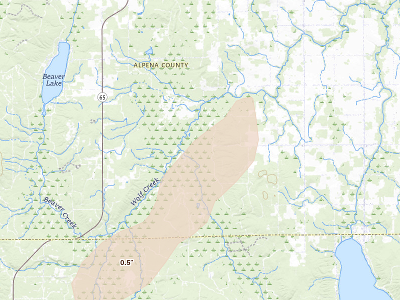 Radar-estimated hail-size map of the storm over Hubbard Lake, MI on Jun 16, 2026