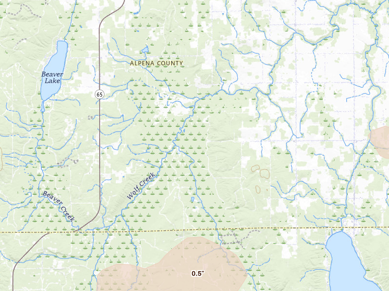 Radar-estimated hail-size map of the storm over Hubbard Lake, MI on Jul 1, 2026