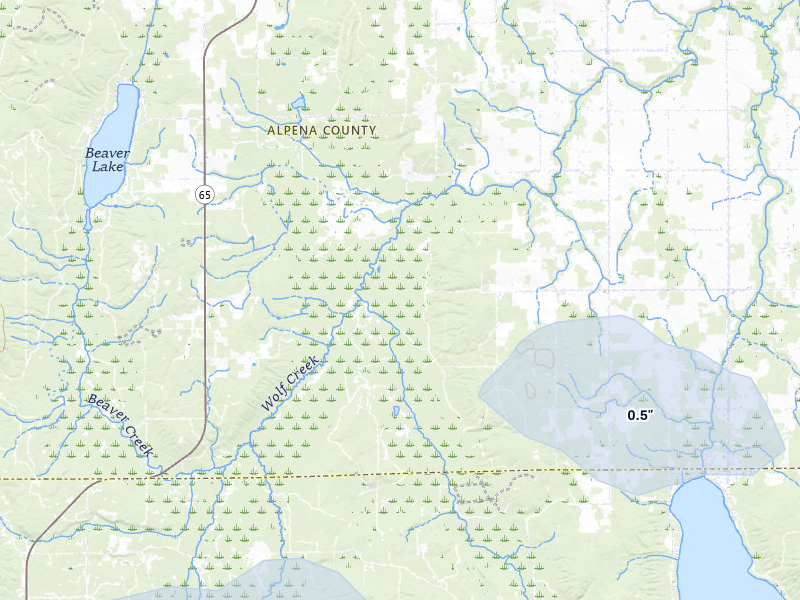 NEXRAD radar-signature map of the hail storm over Hubbard Lake, MI on Jul 1, 2026