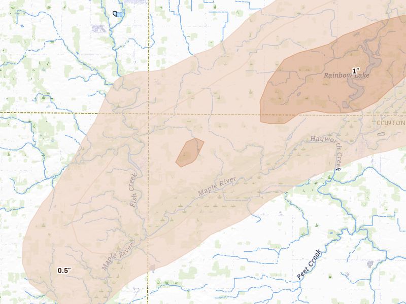 Radar-estimated hail-size map of the storm over Hubbardston, MI on Mar 10, 2026