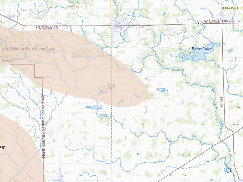 Radar-estimated hail-size map of the storm over Hudson, MI on Apr 22, 2026