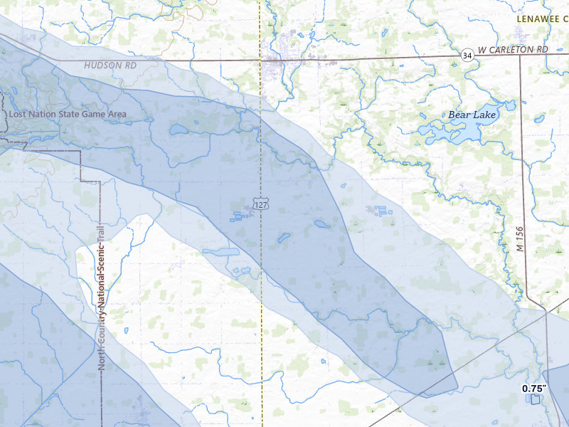 NEXRAD radar-signature map of the hail storm over Hudson, MI on Apr 22, 2026
