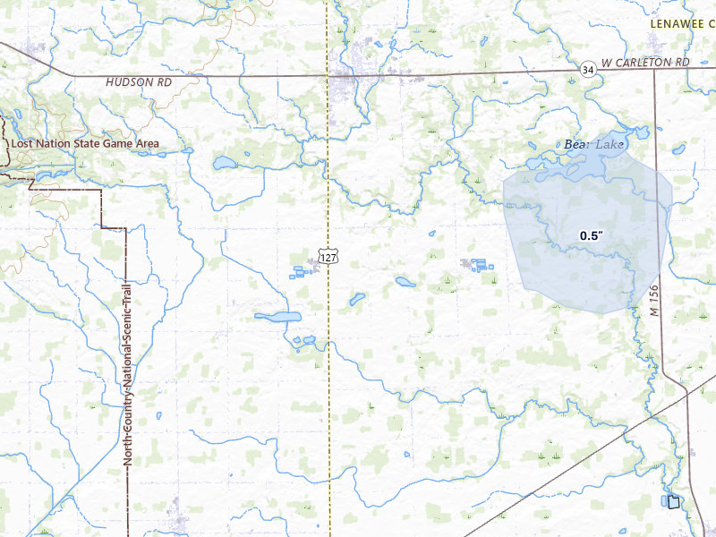 NEXRAD radar-signature map of the hail storm over Hudson, MI on Jul 9, 2026
