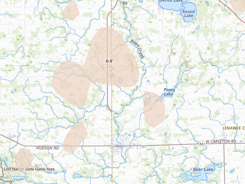 Radar-estimated hail-size map of the storm over Hudson, MI on Aug 9, 2026