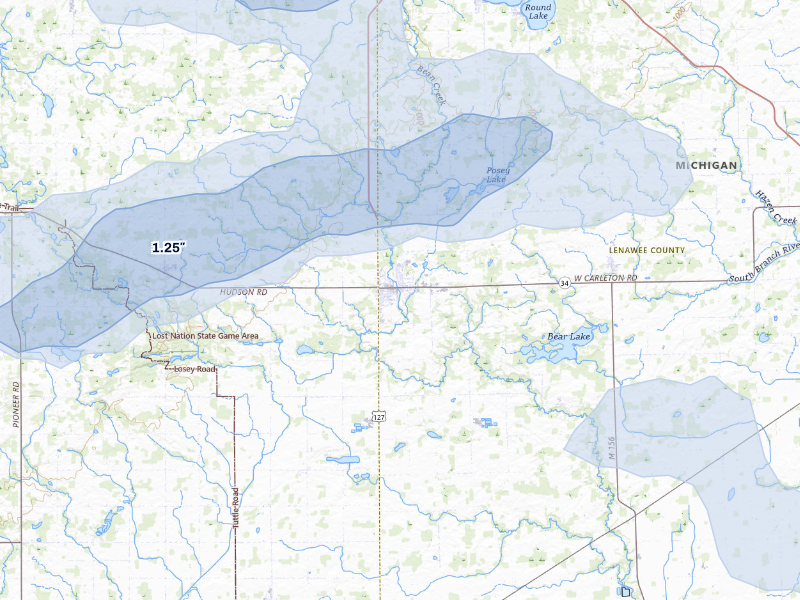 NEXRAD radar-signature map of the hail storm over Hudson, MI on Aug 9, 2026