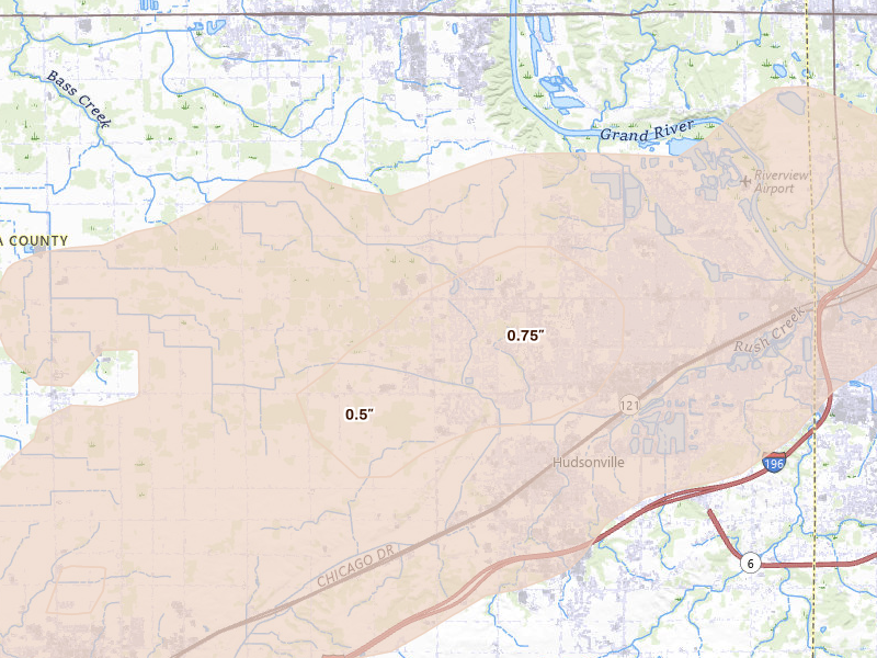 Radar-estimated hail-size map of the storm over Hudsonville, MI on Mar 10, 2026