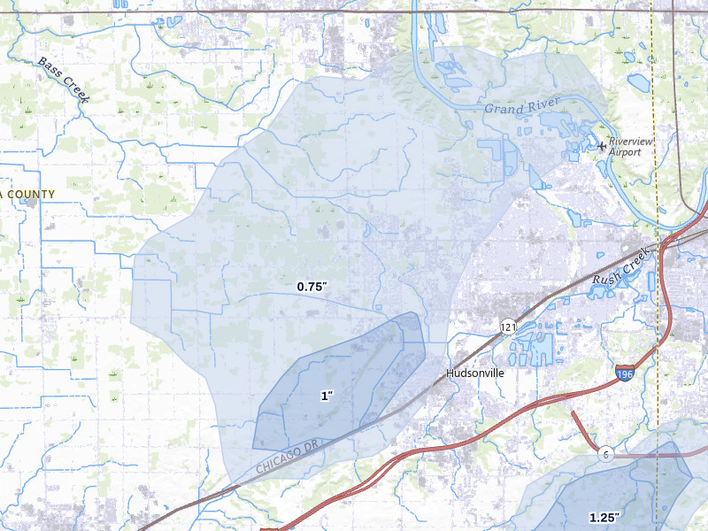 NEXRAD radar-signature map of the hail over Hudsonville, MI