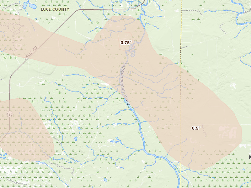 Radar-estimated hail-size map of the storm over Hulbert, MI on Jul 17, 2026