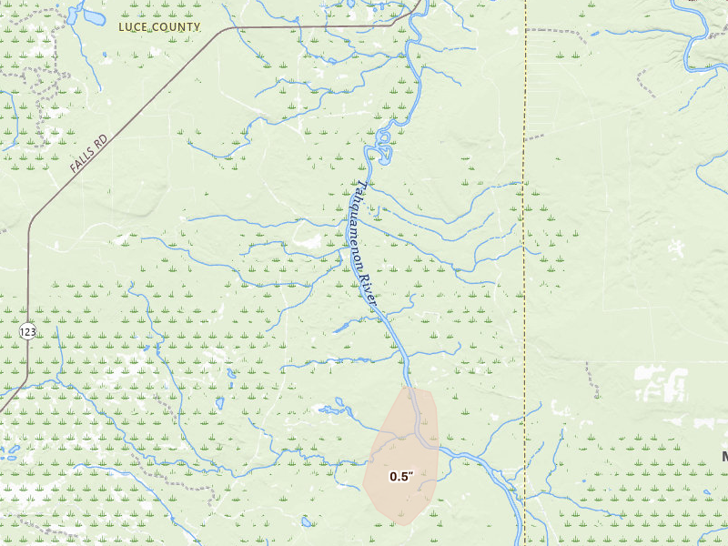 Radar-estimated hail-size map of the storm over Hulbert, MI on Jul 30, 2026