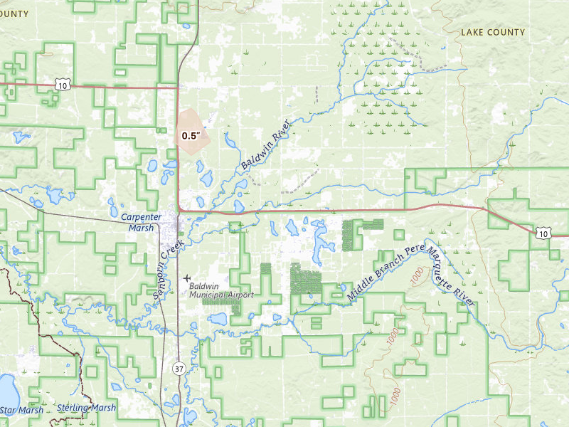 Radar-estimated hail-size map of the storm over Idlewild, MI on Mar 6, 2026