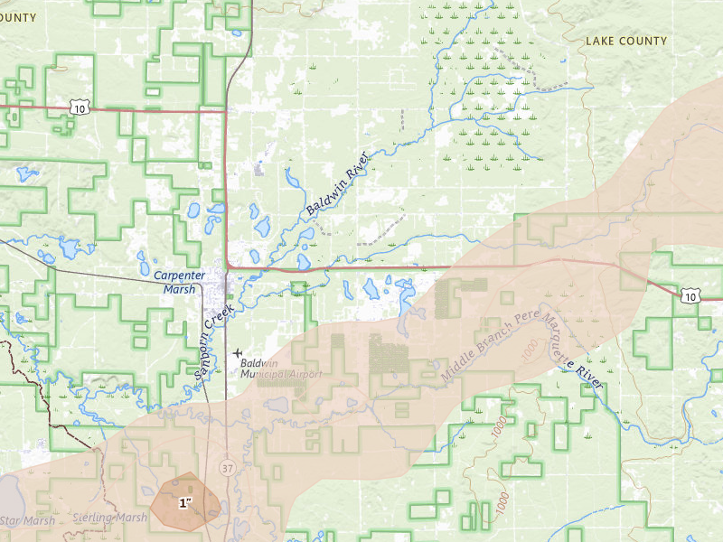 Radar-estimated hail-size map of the storm over Idlewild, MI on Apr 13, 2026