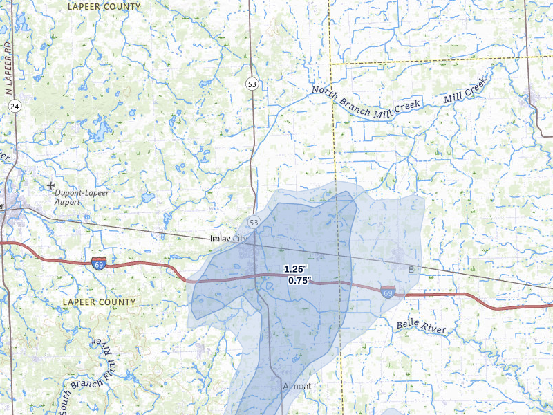 NEXRAD radar-signature map of the hail storm over Imlay City, MI on May 18, 2026