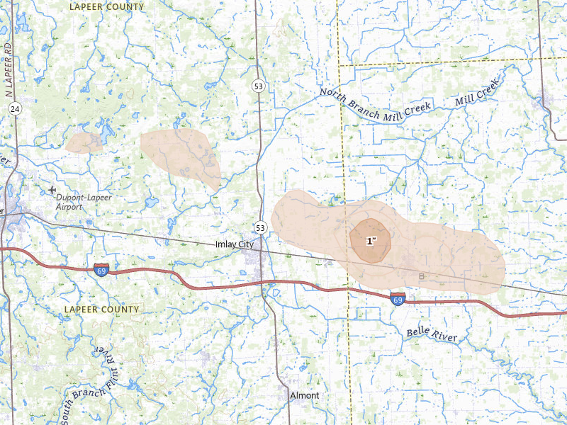 Radar-estimated hail-size map of the storm over Imlay City, MI on Jun 25, 2026