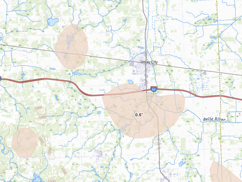 Radar-estimated hail-size map of the storm over Imlay City, MI on Jul 18, 2026