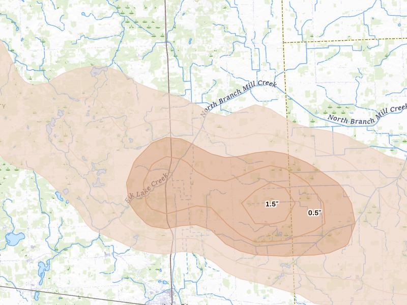 Radar-estimated hail-size map of the storm over Imlay City, MI on Sep 2, 2026