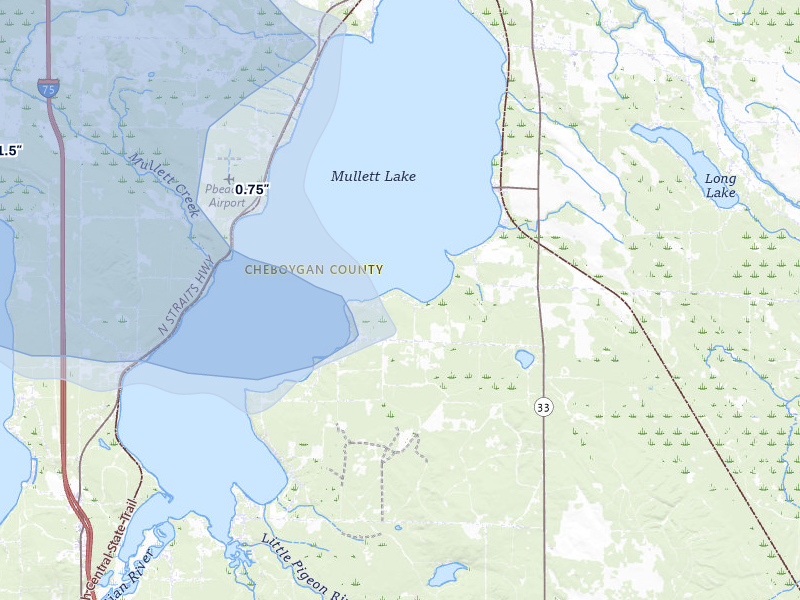 NEXRAD radar-signature map of the hail over Indian River, MI